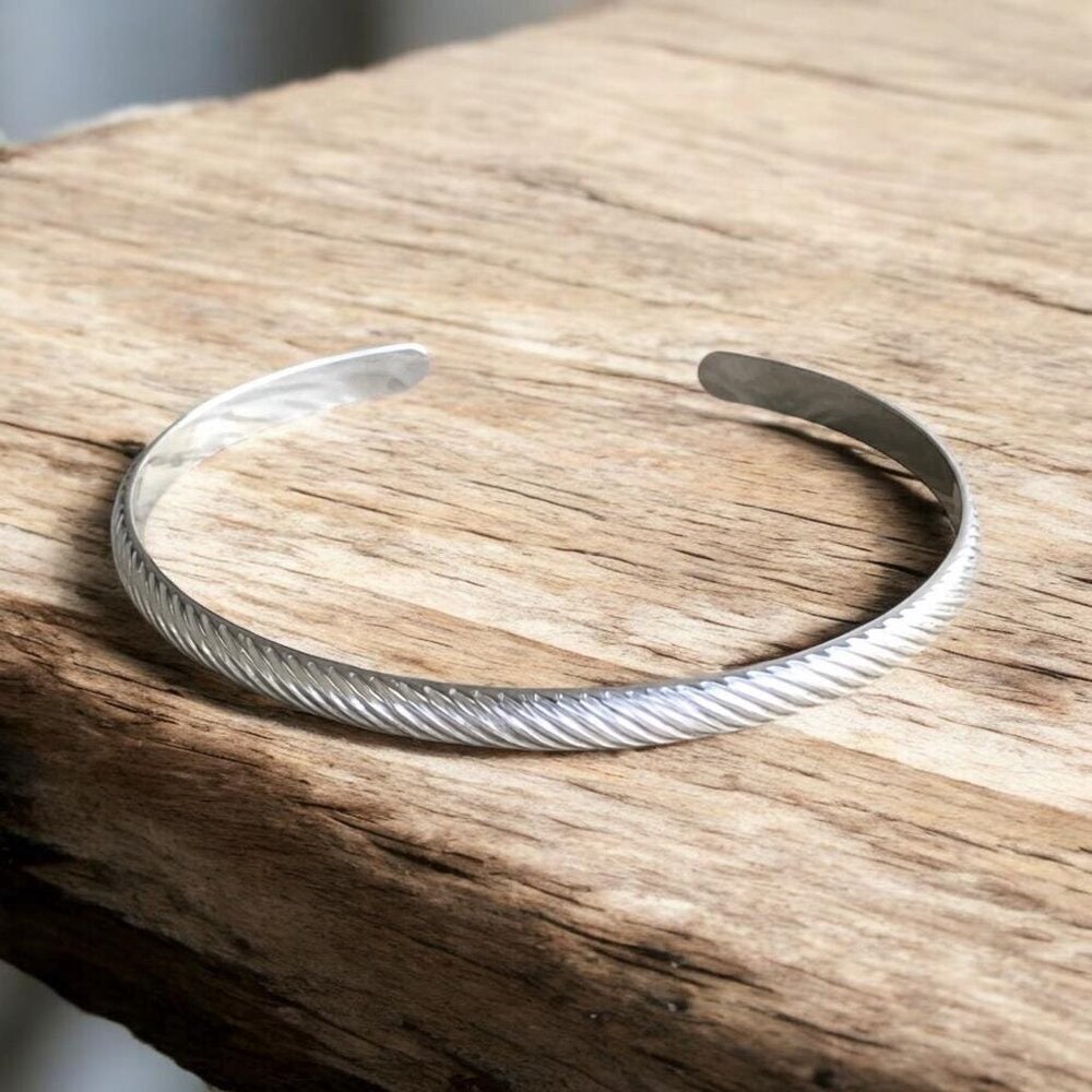 Brushed Sterling Silver Twist Pattern Open Cuff Bangle Bracelet w/Satin Finish